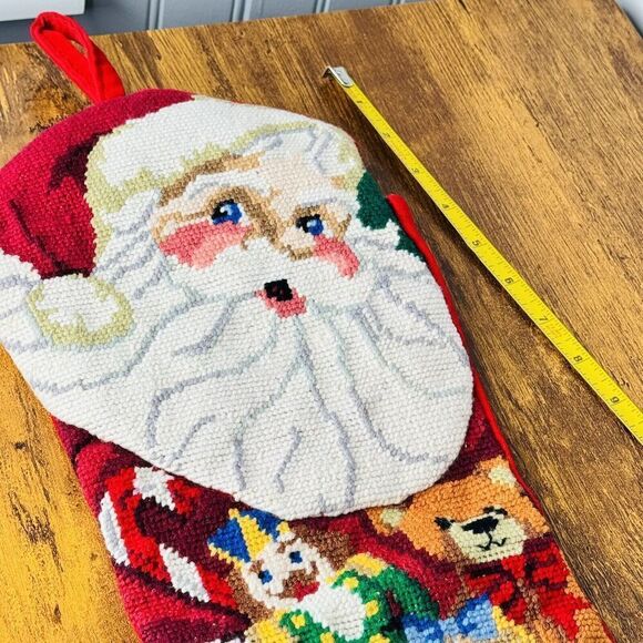 Vintage Santa Face Finished Needlepoint Christmas Stocking Toy Bag Teddy Bear - Picture 7 of 9